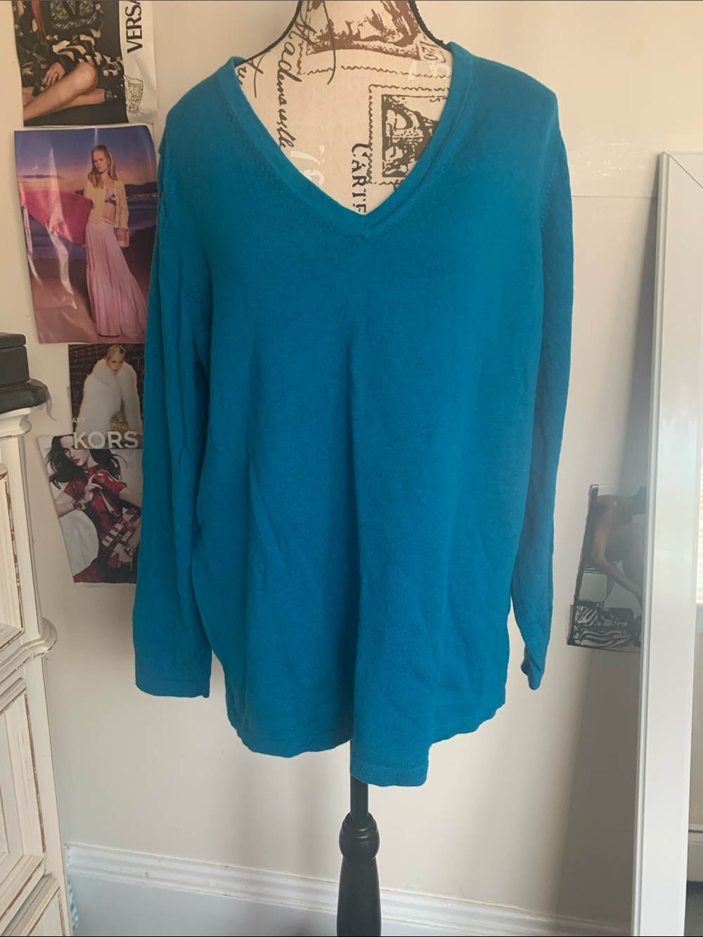 Lord & Taylor Women's Teal Long Sleeve V-Neck Top wool